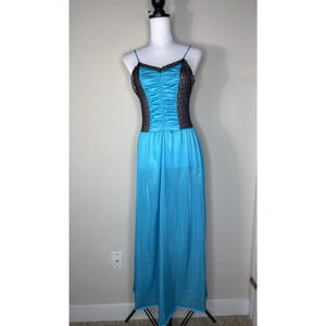1980s Vintage Undercover Wear Blue Nylon Nightgown See Through Black Lace M Sexy